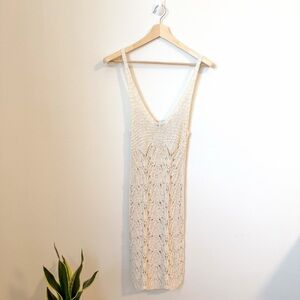 Zara Coastal Boho Crochet Knit Midi Dress Cream Beach Cover Up Size M